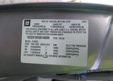 2003 Chevrolet S-10 Ls from USA, damaged, VIN 1GCCS19X938149266